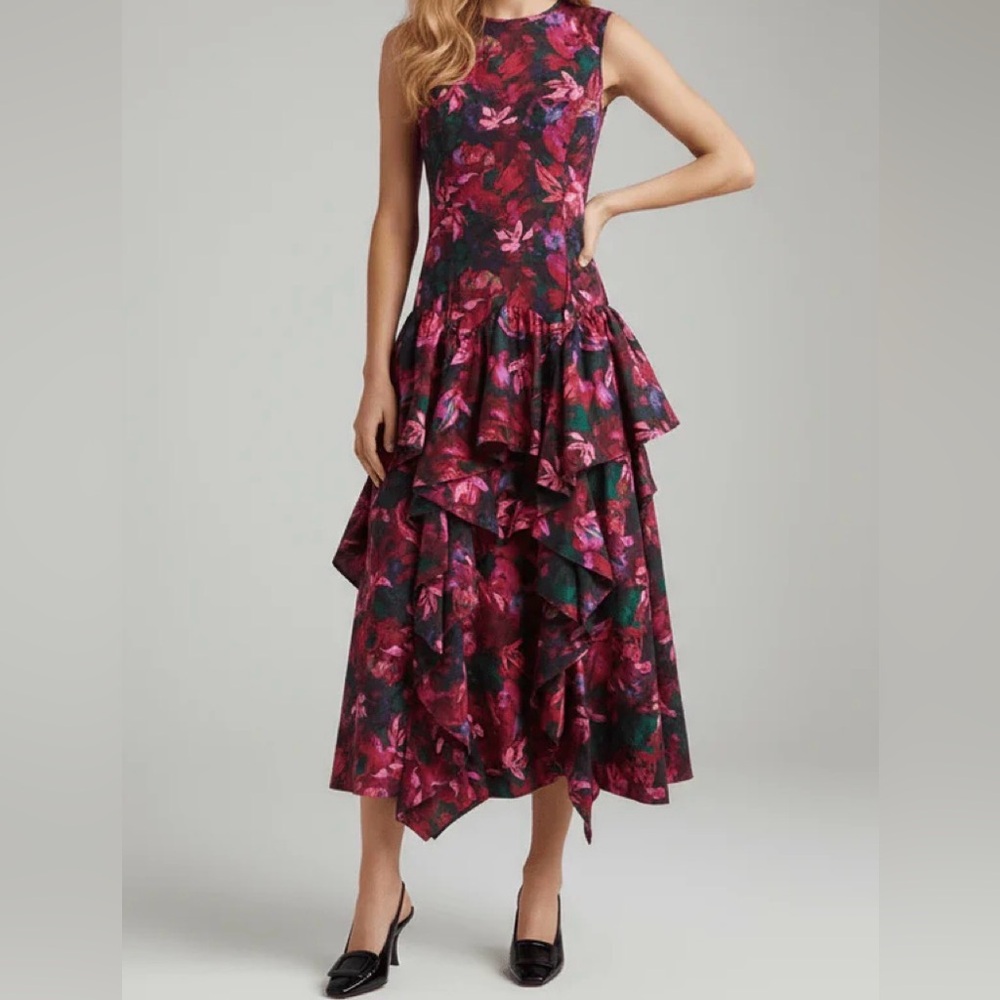 Ulla Johnson Dropwaist Floral Maxi Dress in Fuschia and Green